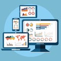 Flat design modern vector illustration concept of website analytics search information and computing data analysis using