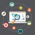 Flat design modern vector illustration concept of website analytics search information and computing data analysis using modern el