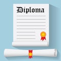 Flat design modern vector illustration of Degree Scroll with Red Ribbon and Diploma, on color background