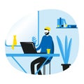 Flat design modern vector illustration lifestyle concept of man in casual sitting at the desk and working on laptop at