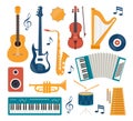 Flat design musical instruments, set of icons. Guitar, synthesizer, violin, cello, drum, cymbals, saxophone, accordion, tambourine