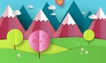 Flat design nature landscape illustration with blue and pink mountains, hills, flowering trees and clouds. Spring and