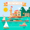 Flat design nature landscape illustration with lighthouse tugboats sailing boat, air balloon. Summer vacation