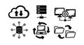 Flat design network icons including cloud upload download data storage laptop sync and folder sharing symbols in black silhouette Royalty Free Stock Photo