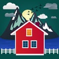 Flat design. Night mountains, birds, moon, river and house. Landscape