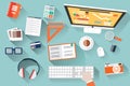 Flat design objects, work desk, long shadow, office desk, computer and stationery Royalty Free Stock Photo