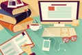 Flat design objects, work desk, office desk, books, computer Royalty Free Stock Photo