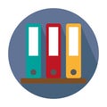 Flat design office binders vector. Colored folders on shelf illustration. Organization and storage concept icon.