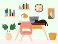 Flat design office workspace with laptop and cat. Doodle minimalistic style. Education process. Vector illustration. Royalty Free Stock Photo