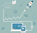 Flat design of online marketing concept,Social platfrom and line graph with rocket - vector Royalty Free Stock Photo