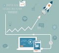 Flat design of online marketing concept,Social platfrom and line graph with rocket - vector
