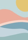 Flat design pastel waves or hills on landscape with sun. Minimal landscape pastel color palette nordic design illustration