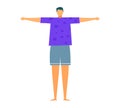 Flat design of person with arms wide open wearing a polka dot shirt and shorts. Casual style and welcoming gesture