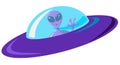 Flat design purple alien spaceship with blue glass. Pink martian with huge eyes is sitting in a ship and waving a greeting. Vector