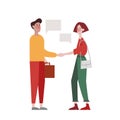 Flat design recruiting and hiring web page vector template. Young man and woman shaking hands over office working people Royalty Free Stock Photo