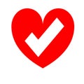 Flat design red colour heart Icon with right mark
