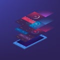 Flat design responsive Management and Administration Dashbord UI mobile app template on trendy subtle blurred background