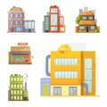 Flat design of retro and modern city houses. Old buildings, skyscrapers. colorful cottage building, cafe house. Royalty Free Stock Photo