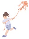 Flat design running girl with flying kite in the sky Royalty Free Stock Photo