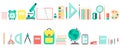 Flat design of school tools, supplies, stationery. Set of icons. Pen, globe, backpack, ruler, book, brush, pencil and etc Royalty Free Stock Photo