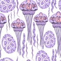 Flat design seamless pattern with jellyfish purple