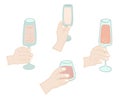 Flat design set with arms hands holding glasses with wine Royalty Free Stock Photo