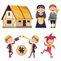 Set of medieval characters and house