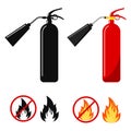 Flat design set red and black fire extinguisher with nozzle icon, fire and no fire sign isolated on white background. Royalty Free Stock Photo