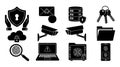 Flat design set of security icons close up showing shield hands, cloud lock, fingerprint, camera, safe, keys, folder, mobile Royalty Free Stock Photo