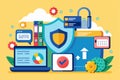 A flat design showcases various tools for secure data management, including files, graphs, and security icons, Secure data Royalty Free Stock Photo