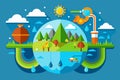 Flat design showing water source with trees and mountains in the background, Water cycle Customizable Disproportionate