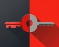 Flat design: single key icon broken in half, red & grey, symbolizing lost opportunity or security Royalty Free Stock Photo