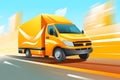 flat design of small truck delivery concept running quick speed, solid building background, Generated AI