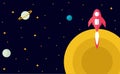 Space and planet background concept.  Cute template with Spaceship, Rocket, Stars in outer space in cartoon style. Royalty Free Stock Photo