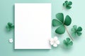 Flat design St. patrick's day, festive leprechaun green shamrocks on photo frame. Generative AI