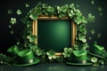 Flat design St. patrick's day, festive leprechaun green shamrocks on photo frame. Generative AI