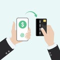 Flat Design style Human hand holding smartphone with credit card, vector design Royalty Free Stock Photo