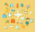 Flat design style modern illustration icons set of traveling on airplane, planning a summer vacation, tourism Royalty Free Stock Photo