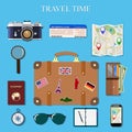 Flat design style modern vector illustration icons set of planning a summer vacation, travelling on holiday journey Royalty Free Stock Photo