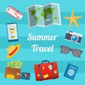 Flat design style modern vector illustration of summer travelling elements.