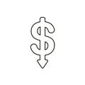 Flat design style vector concept of dollar symbol icon with arrow pointing down on white. Black outlines Royalty Free Stock Photo