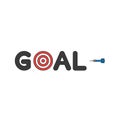 Flat design style vector concept of goal text with bulls eye and dart icon on white. Colored, black outlines