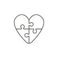 Flat design style vector concept of heart-shaped four jigsaw puzzle pieces icon connected on white. Black outlines Royalty Free Stock Photo