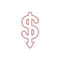 Flat design style vector concept of dollar symbol icon with arrow pointing down on white. White and colored outlines Royalty Free Stock Photo