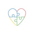 Flat design style vector concept of heart-shaped four jigsaw puzzle pieces icon connected on white. White and colored outlines Royalty Free Stock Photo