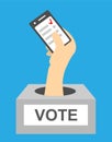 Flat design style. Vector illustration. Hand from ballot-box holding smartphone with voting app on the screen. Concept of election Royalty Free Stock Photo