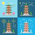 Flat design 4 styles of Chureito pagoda Japan