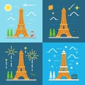 Flat design 4 styles 0f Eiffel tower Paris France