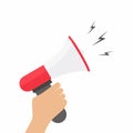 Flat design stylish vector illustration hand holding megaphone. The concept of promotion and advertising in stylish colors of web Royalty Free Stock Photo