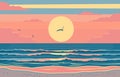 Flat Design of Sunset at Beach in Summer with Seagull and Wave Royalty Free Stock Photo